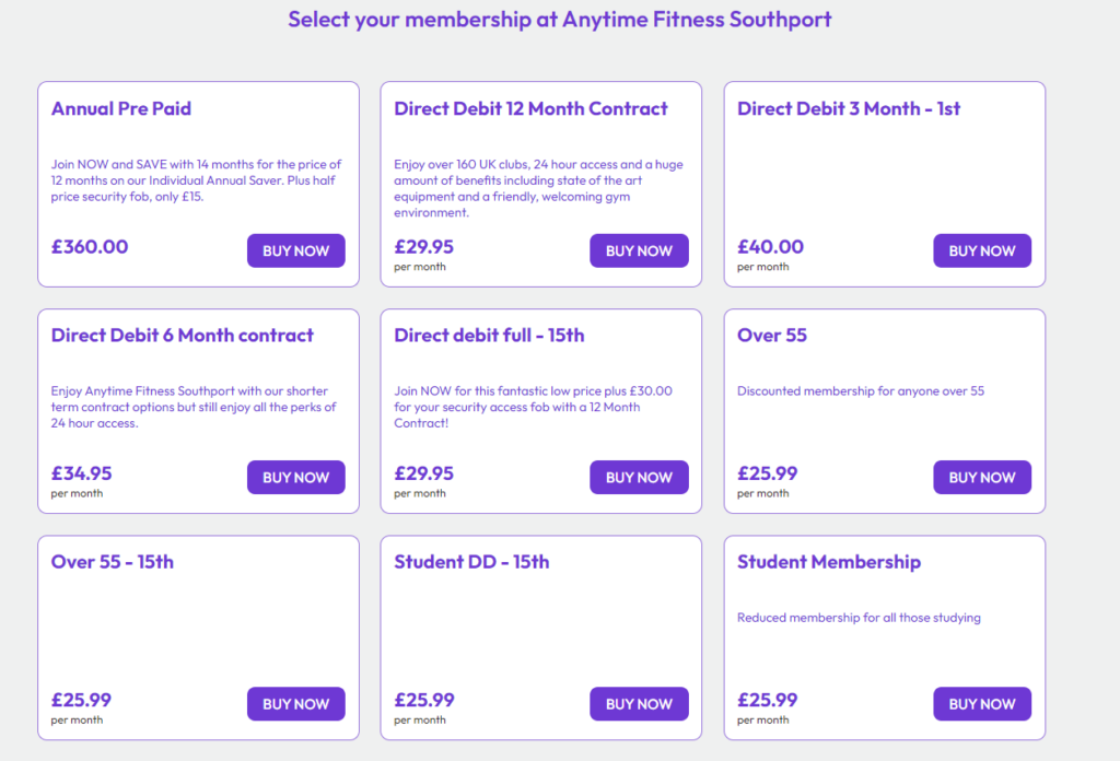 Gym membership options at Anytime Fitness Southport on 8 January 2024