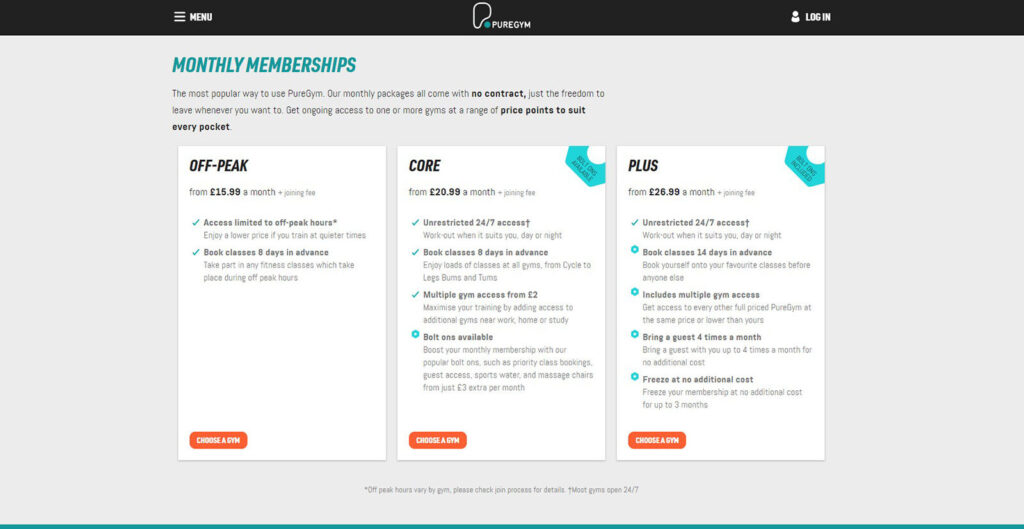 PureGym offers 3 different levels of membership - off-peak, core, and plus.