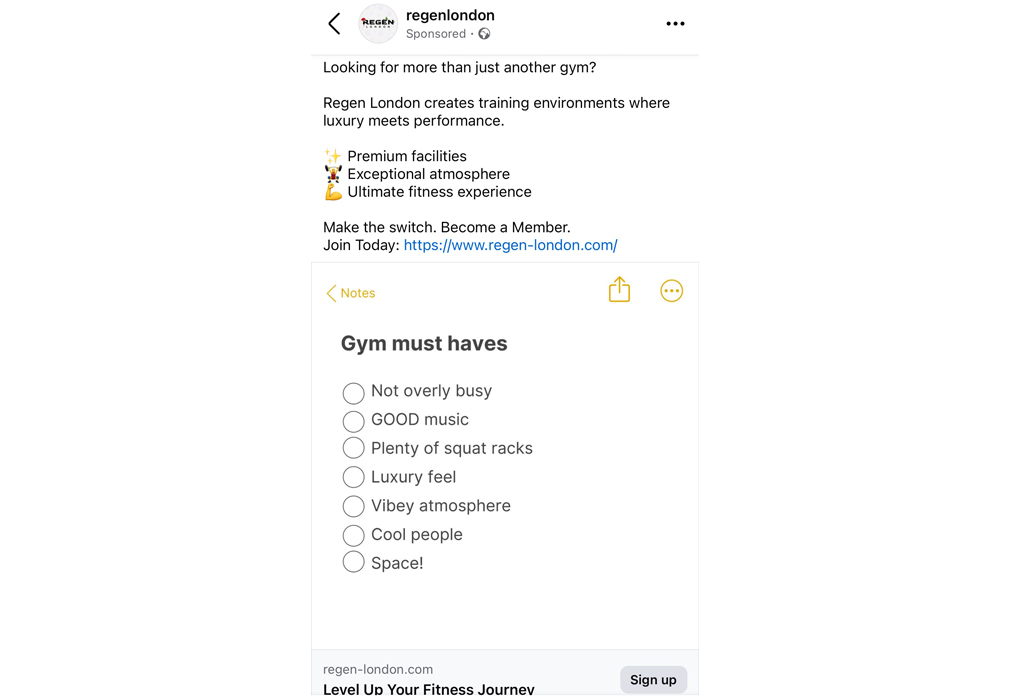 An image of a Facebook advert for a gym - REGEN London