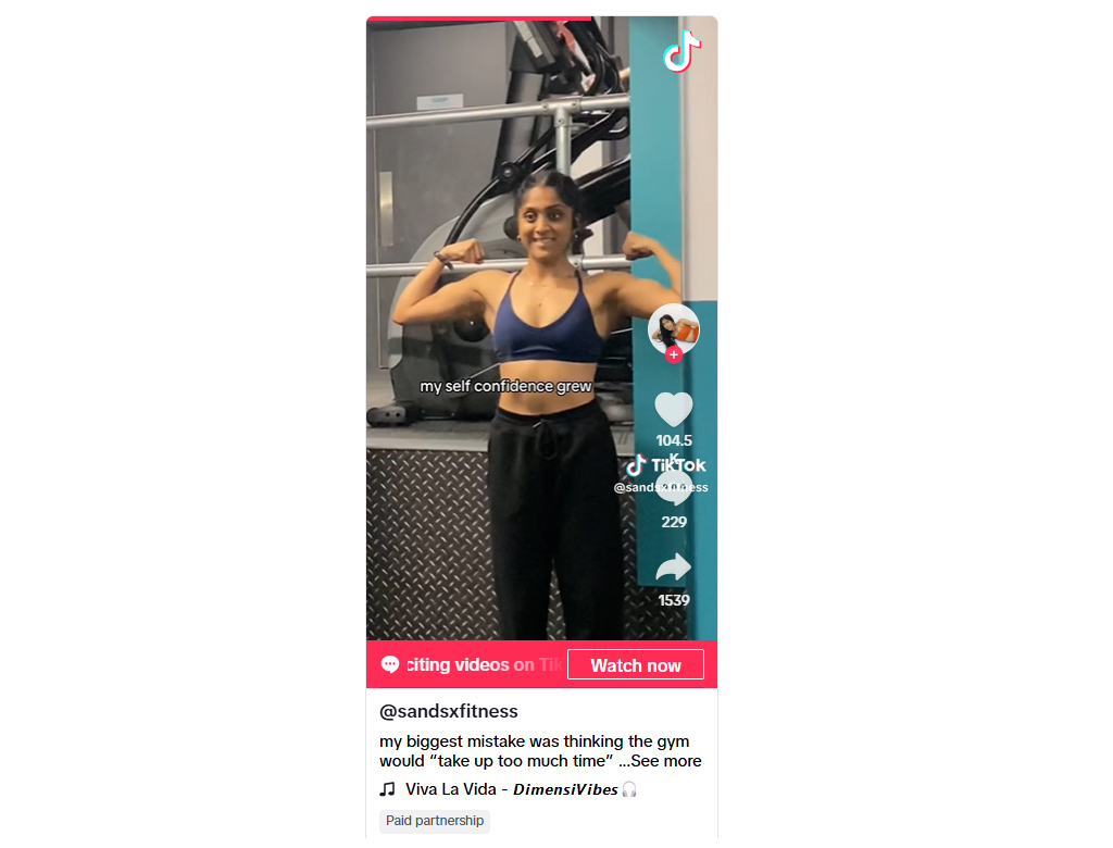 Am image of a gym TIkTok advert from PureGym with influencer sansxfitness