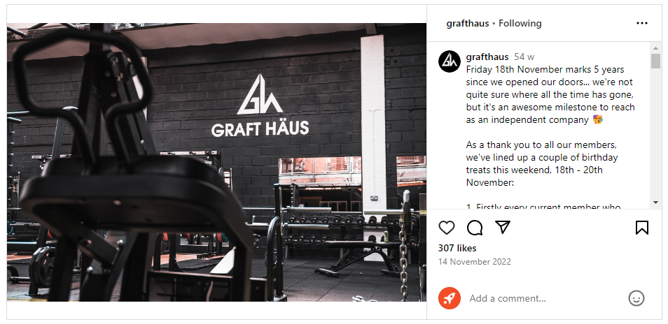 Graft Häus gym branding example from Instagram