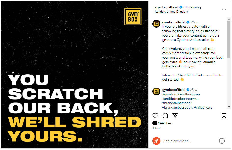 Gymbox gym branding example from Instagram