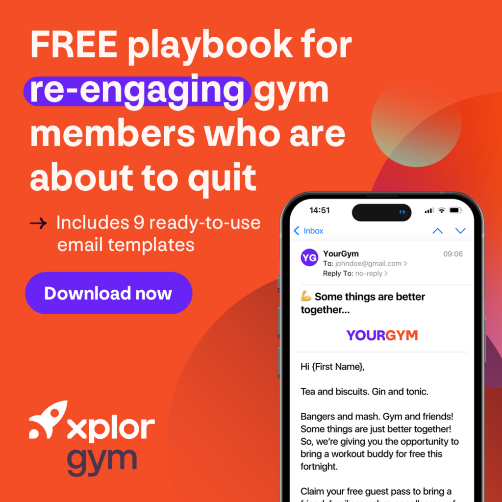 An image of an email from the Re-Engaging At-Risk Gym Members on a mobile device. Includes a CTA to download the free guide.