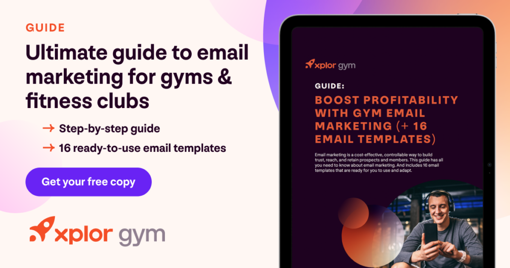 Banner promoting the guide to email marketing for gyms and fitness clubs. This free guide includes 16 ready-to-use gym email templates.