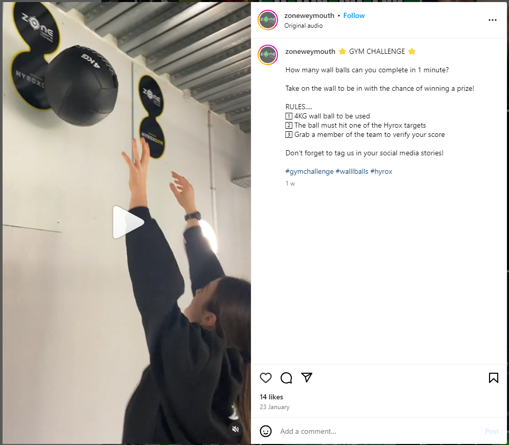 Example of gym marketing UK from Zone Health & Fitness Weymouth. Screenshot shows example of a gym challenge promoted on Instagram by Zone Health & Fitness Weymouth.