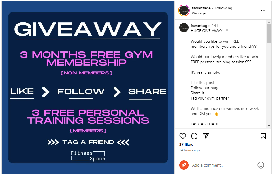 Example of gym marketing UK from Fitness Space Wantage. Screenshot shows example of a competition promoted on Instagram by Fitness Space.