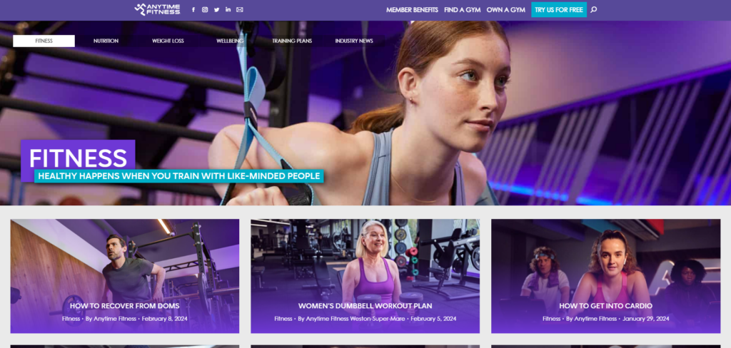 Screenshot shows blog section of Anytime Fitness UK website.