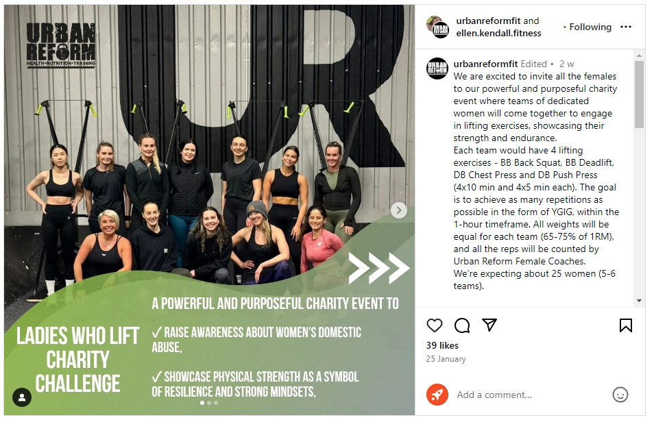 Example of gym marketing UK from Urban Reform. Screenshot shows example of a fitness event promoted on Instagram by Urban Reform.
