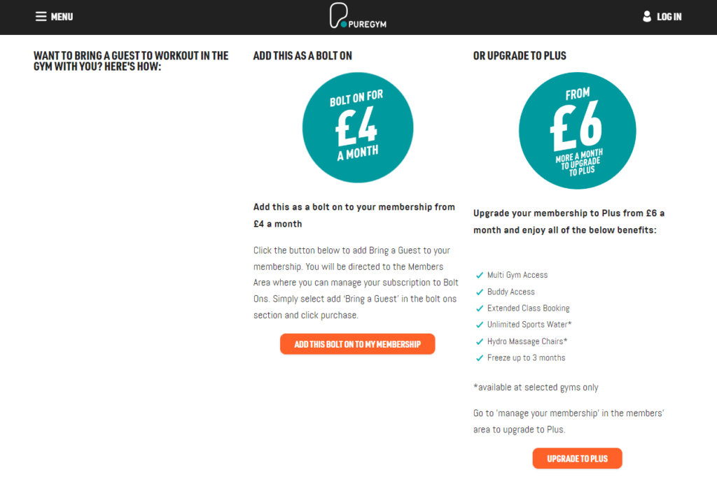 Screenshot shows example of a guest pass options promoted on the PureGym website.