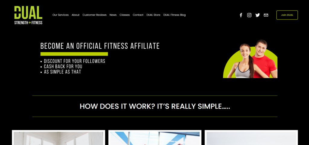 Screenshot shows influencer affiliate programme on Dual Strength & Fitness website.