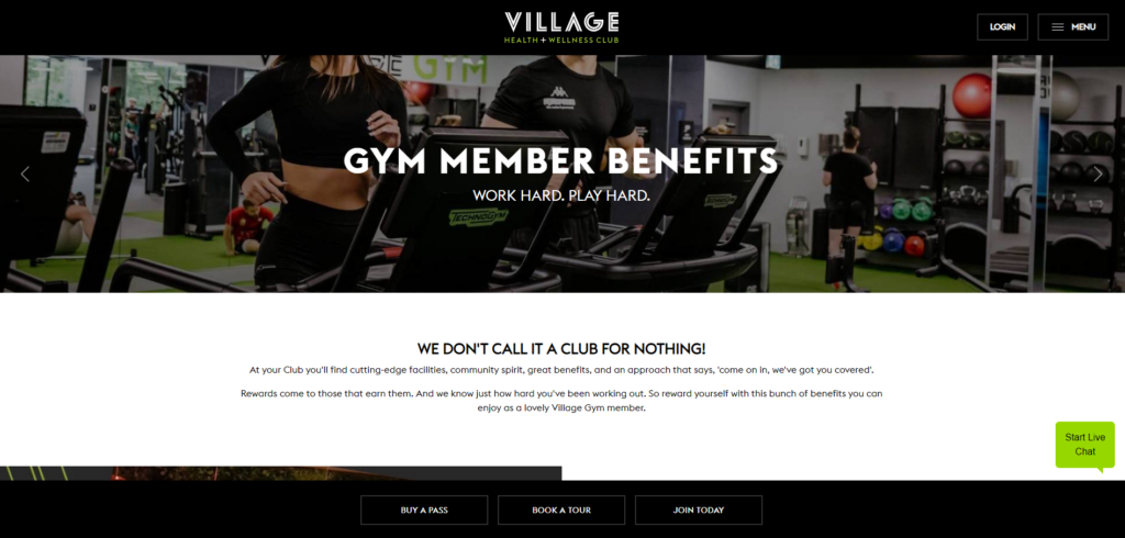 Screenshot shows rewards programme overview on Village Gym website.