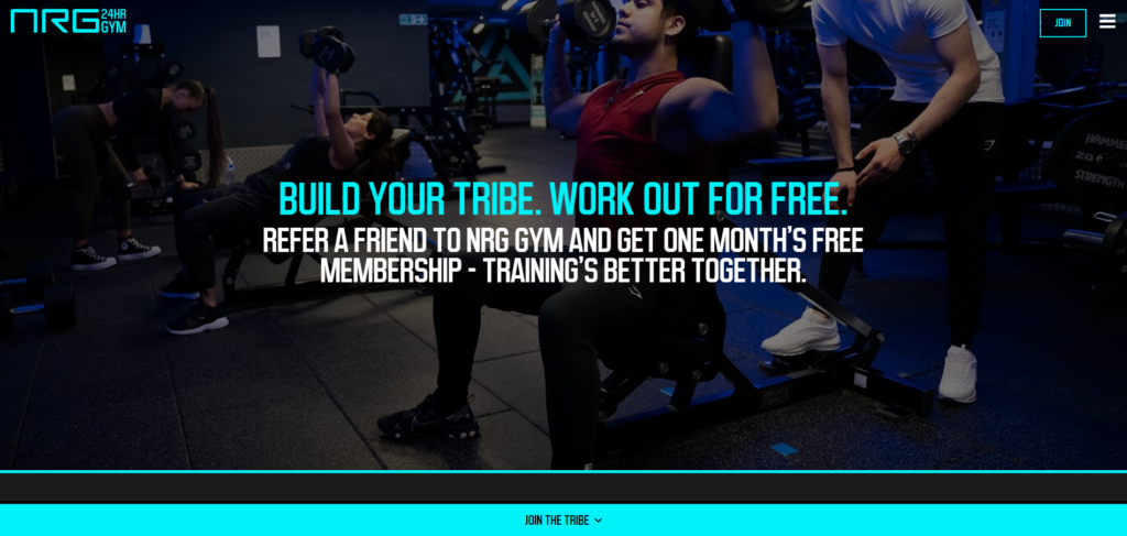 Screenshot shows example of a refer-a-friend offer promoted on the NRG Gym website.