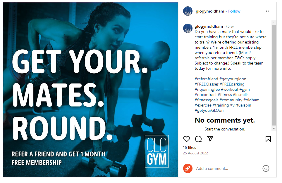 Example of gym marketing UK from Glo Gym. Screenshot shows example of a refer-a-friend offer promoted on Instagram by Glo Gym.