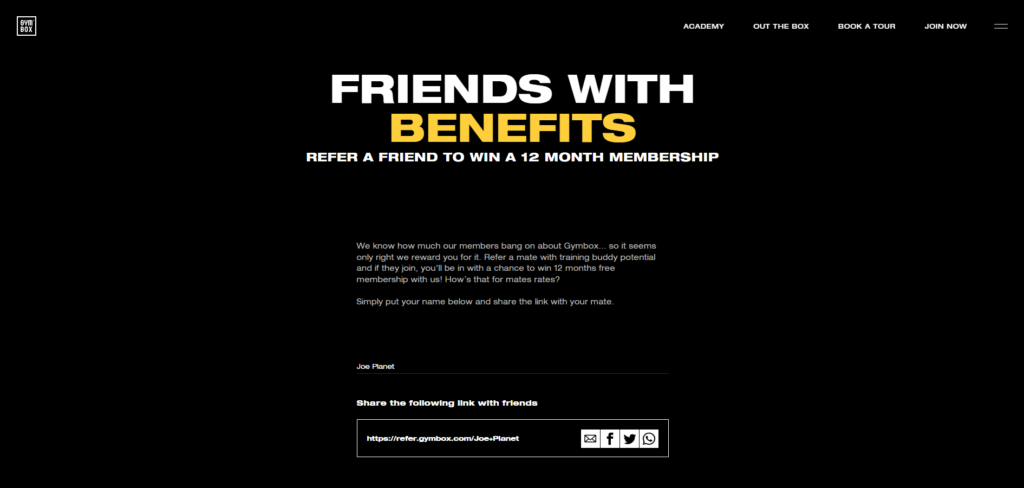 Screenshot shows example of a refer-a-friend promotion on the Gymbox website.