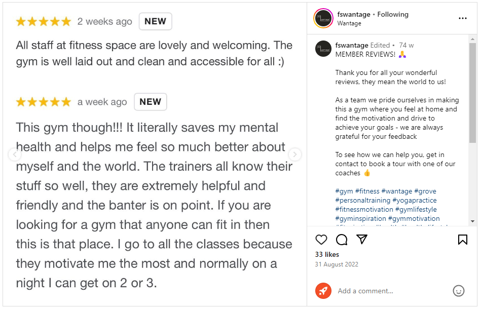 Example of gym marketing UK from Fitness Space Wantage. Screenshot shows example of member reviews showcased on Instagram by Fitness Space.