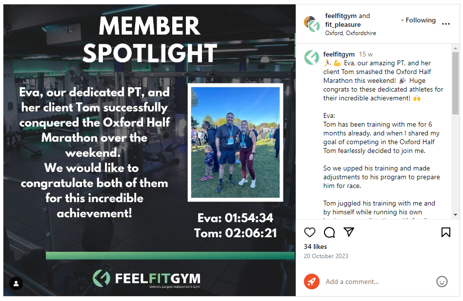 Example of gym marketing UK from Feel Fit Gym. Screenshot shows example of a member achievement celebrated on Instagram by Feel Fit Gym.