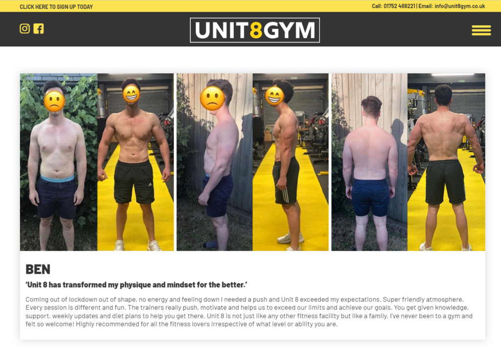 Screenshot shows example of a success story promoted on the Unit 8 Gym website.