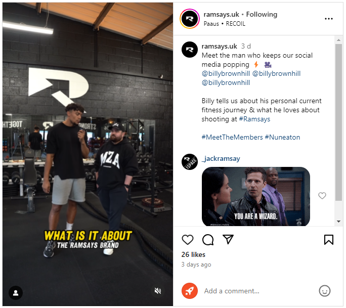 Example of gym marketing UK from Ramsays. Screenshot shows example of video marketing on Instagram by Ramsays.