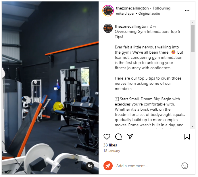 Example of gym marketing UK from The Zone Callington. Screenshot shows example of video marketing on Instagram by The Zone Callington.