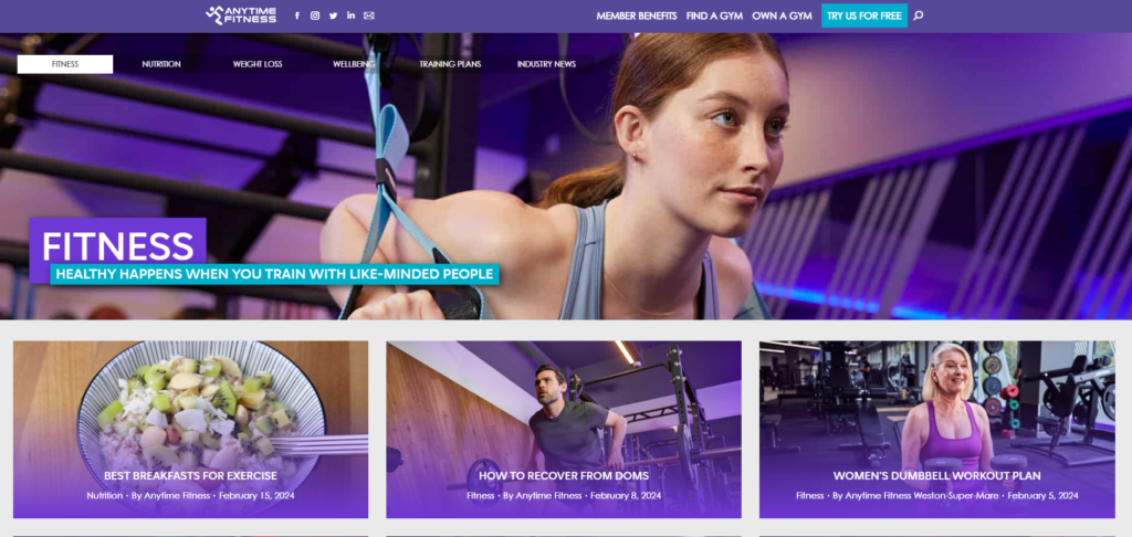 Screenshot showing the Anytime Fitness UK fitness blog