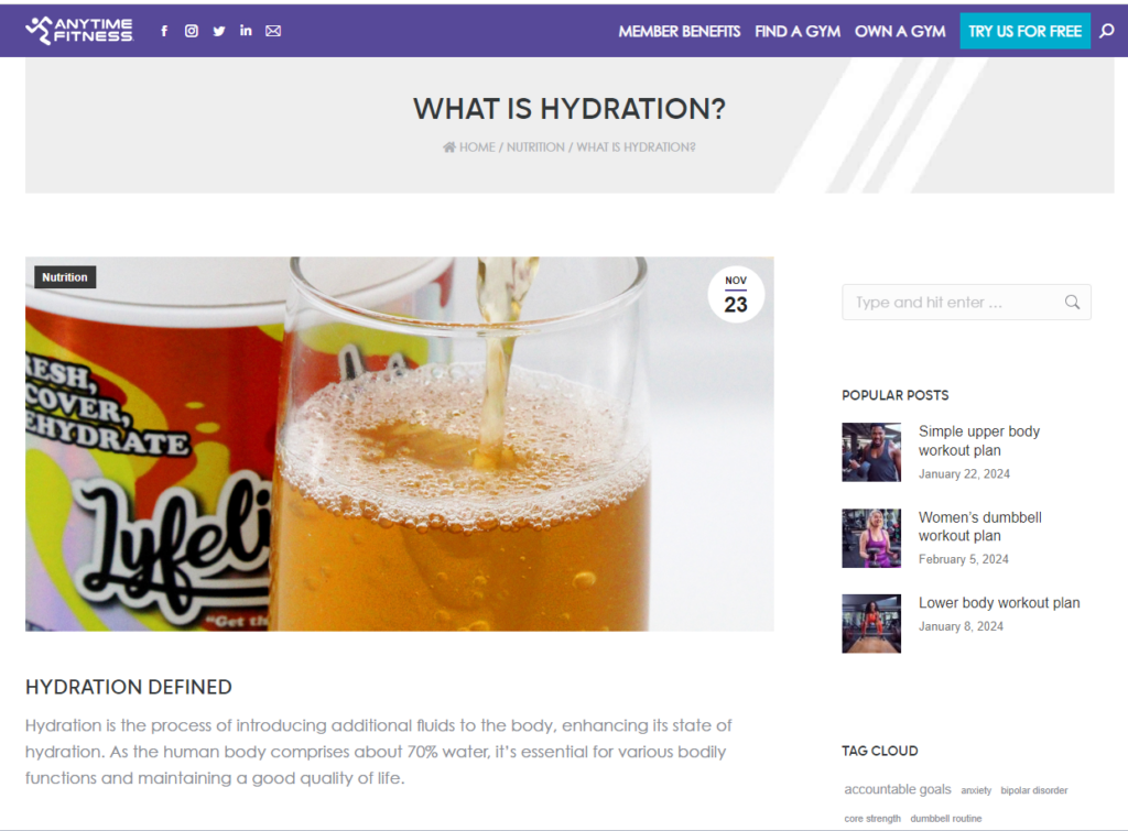 Screenshot showing a fitness blog example from Anytime Fitness UK with a guest post from a partner