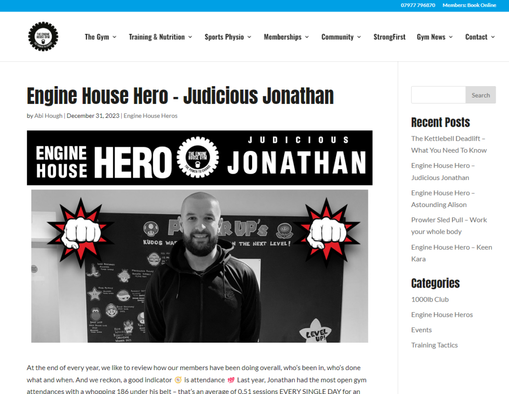 Screenshot of The Engine House fitness blog showing a hero post