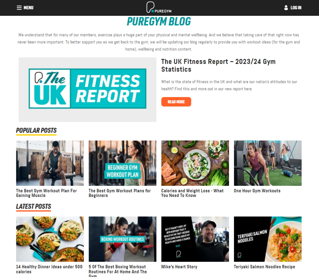 Screenshot showing the PureGym fitness blog