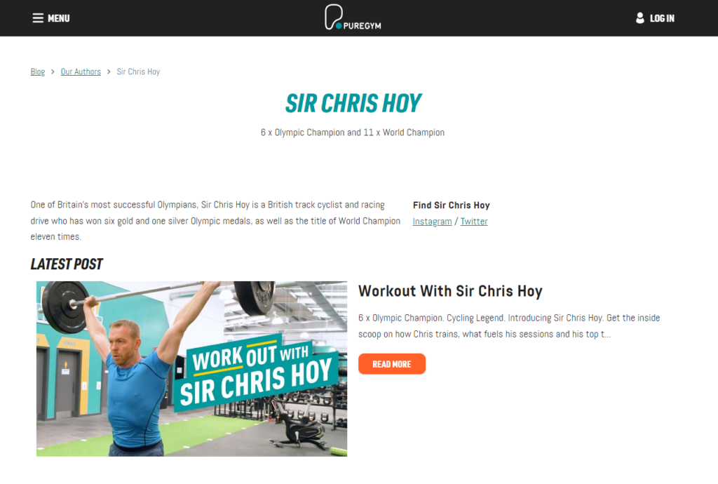 Screenshot showing an example of an author page from the PureGym fitness blog