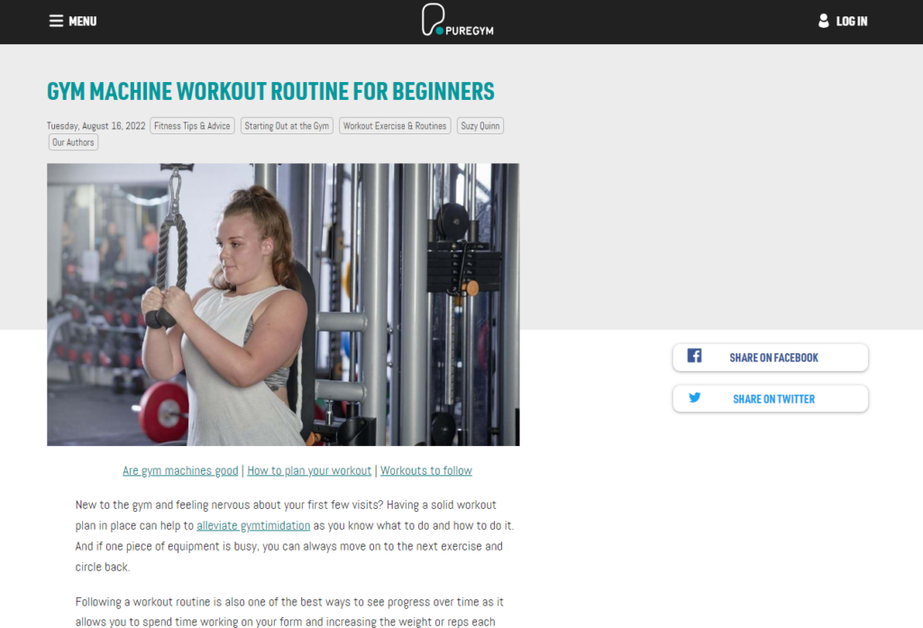 Screenshot showing an example of a fitness blog from PureGym that includes content from a PT