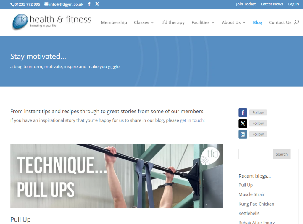 Screenshot showing the fitness blog on the TFD Health & Fitness website