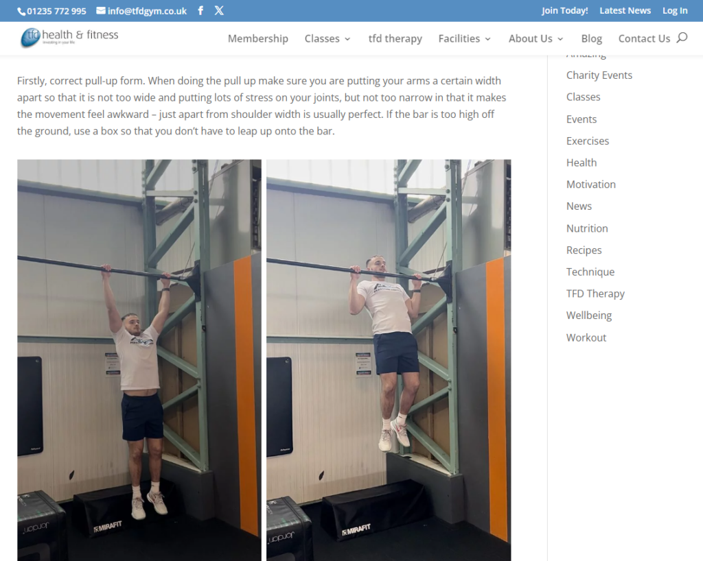 Screenshot showing a blog post from TFD Health & Fitness with clear instructions on how to perform a pull up
