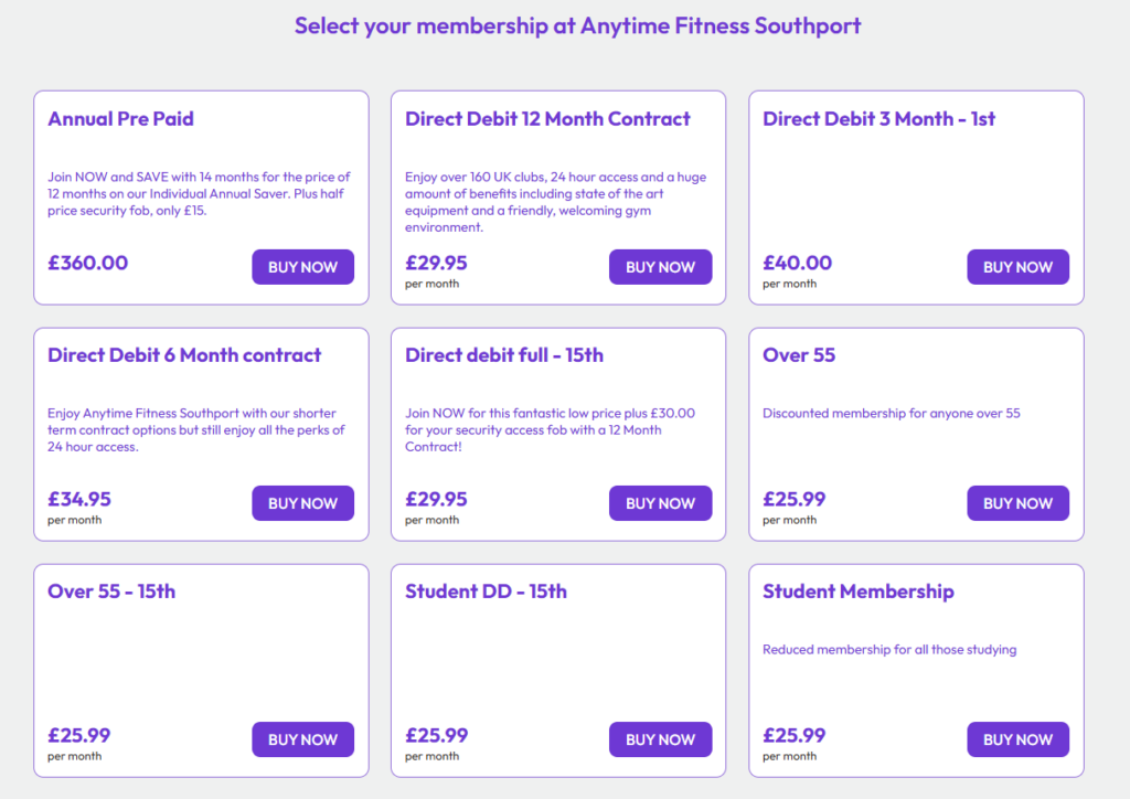 A screenshot showing the gym membership costs at Anytime Fitness Southport on 13 December 2024