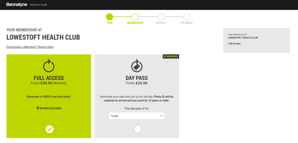 A screenshot showing gym membership prices at Bannatyne Lowestoft Health Club on 13 December 2024