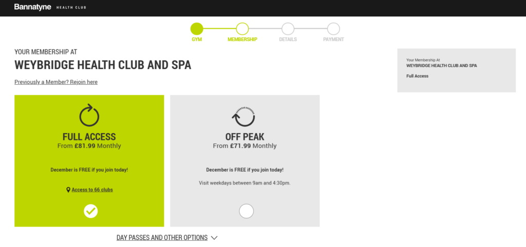 A screenshot showing gym membership prices at Bannatyne Weybridge Health Club And Spa on 13 December 2024