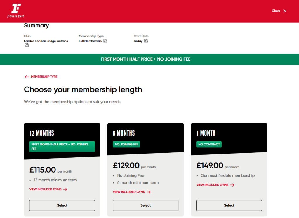 A screenshot showing gym membership prices at Fitness First London Bridge Cottons on 13 December 2024