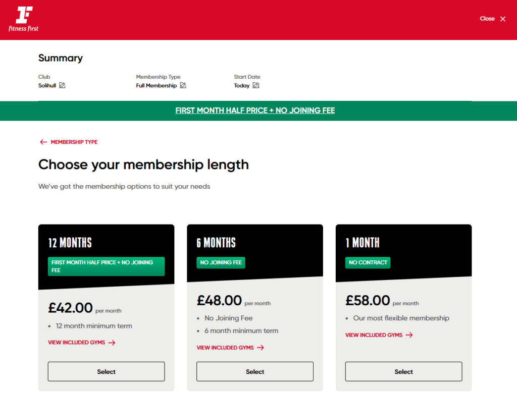 A screenshot showing gym membership prices at Fitness First Solihull on 13 December 2024