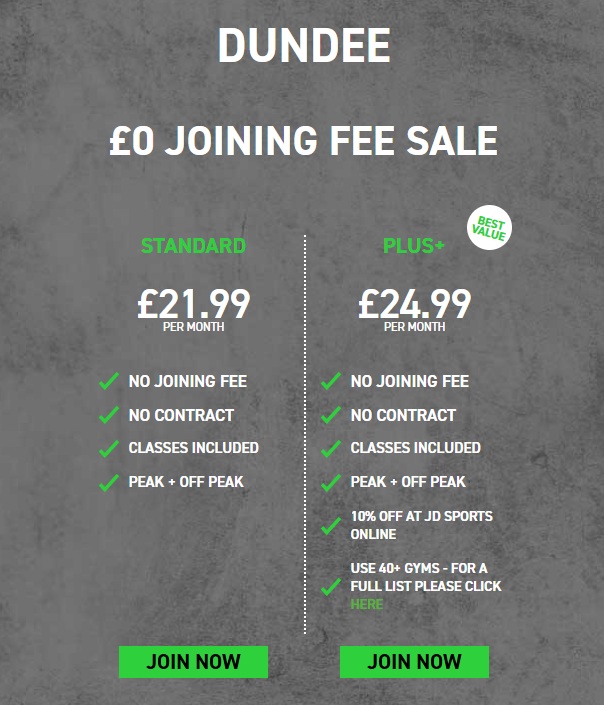 Gym membership costs at JD Gyms Dundee on 13 December 2024