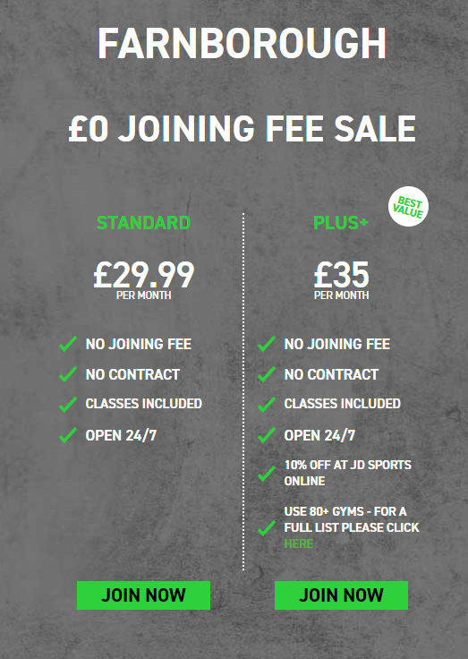 Gym membership costs at JD Gyms Farnborough on 13 December 2024