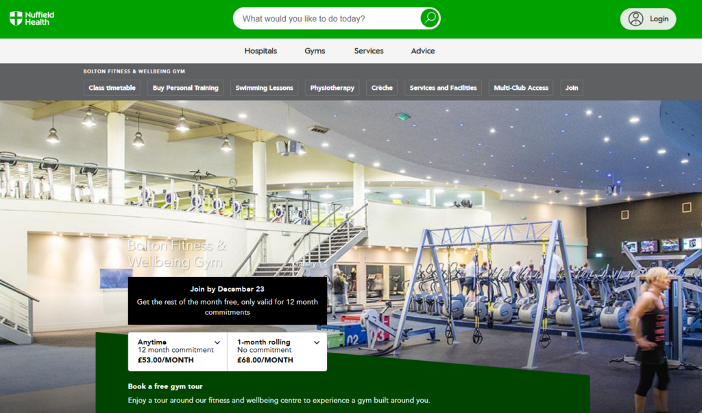 A screenshot showing that an anytime membership at Nuffield Bolton costs £53 a month on 13 December 2024.