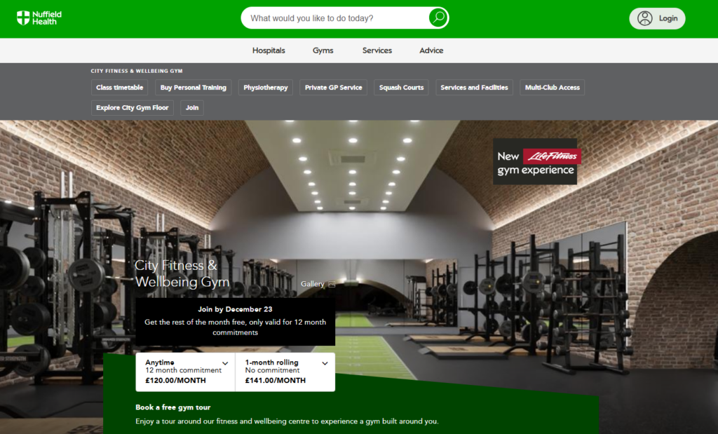 A screenshot showing that Nuffield Health City Fitness & Wellbeing Gym offers an anytime membership for £120 a month