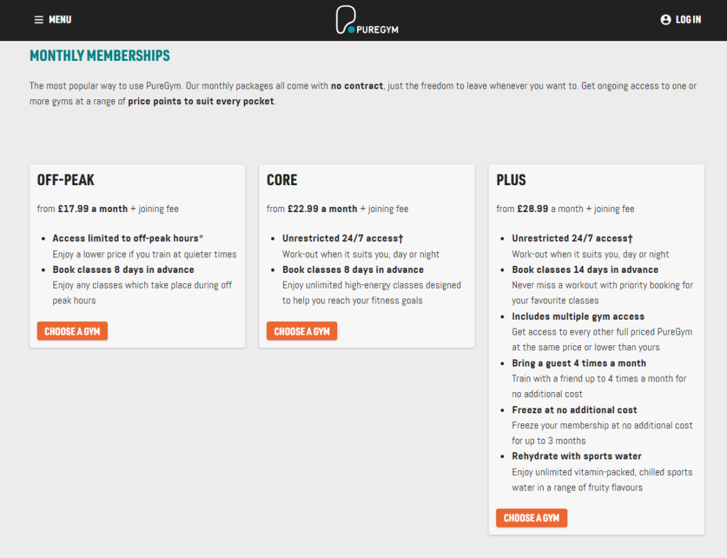 A screenshot showing gym membership costs and packages at PureGym in the UK