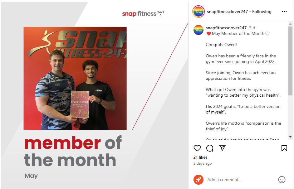 An image showing a member celebration social post from Snap Fitness 24/7 in Dover, UK