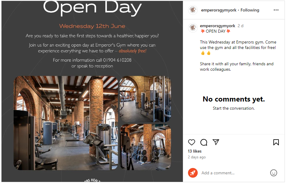 An image showing a fitness event gym social post from UK gym Emperor's Gym in York