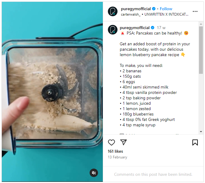 An image showing a healthy eating gym social post from UK gym PureGym