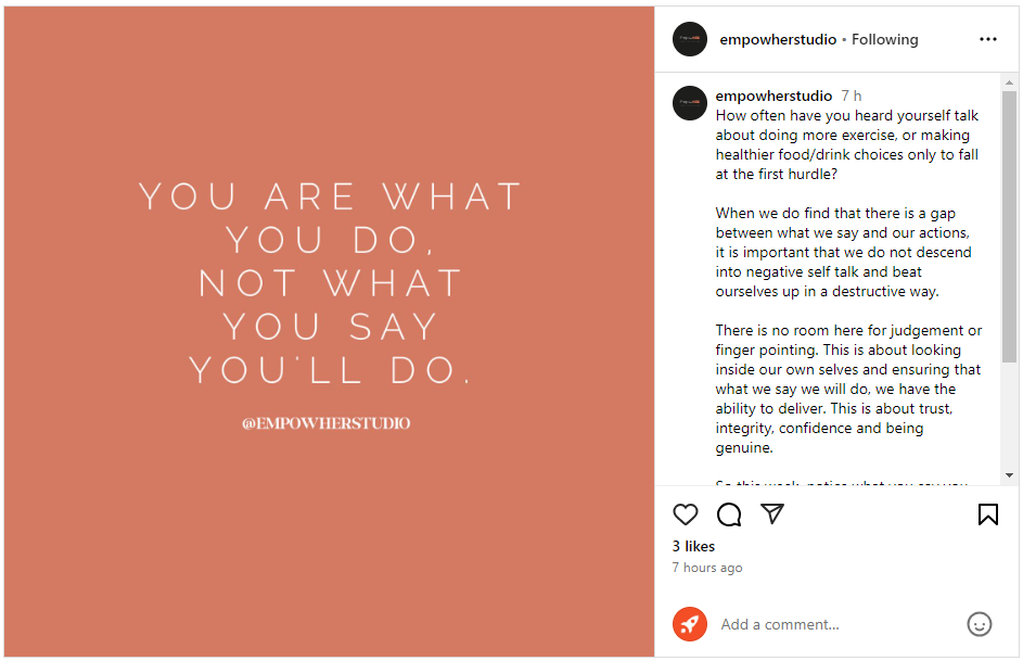 An image showing an inspirational quote social post from UK gym EmpowerHER