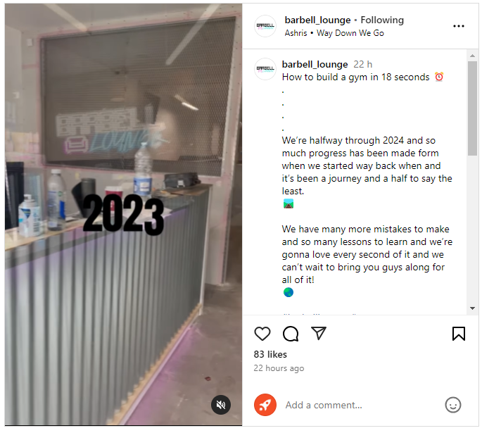 An image showing a behind the scenes gym social post from UK gym Barbell Lounge