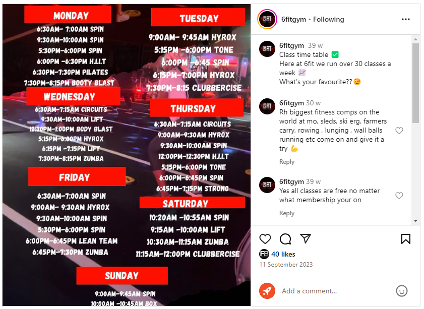 An image showing a class promotion gym social post from UK gym 6 Fit