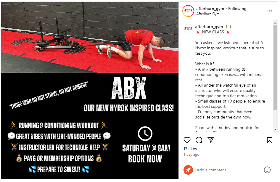 An image showing a class promotion gym social post from UK gym AfterBurn Gym