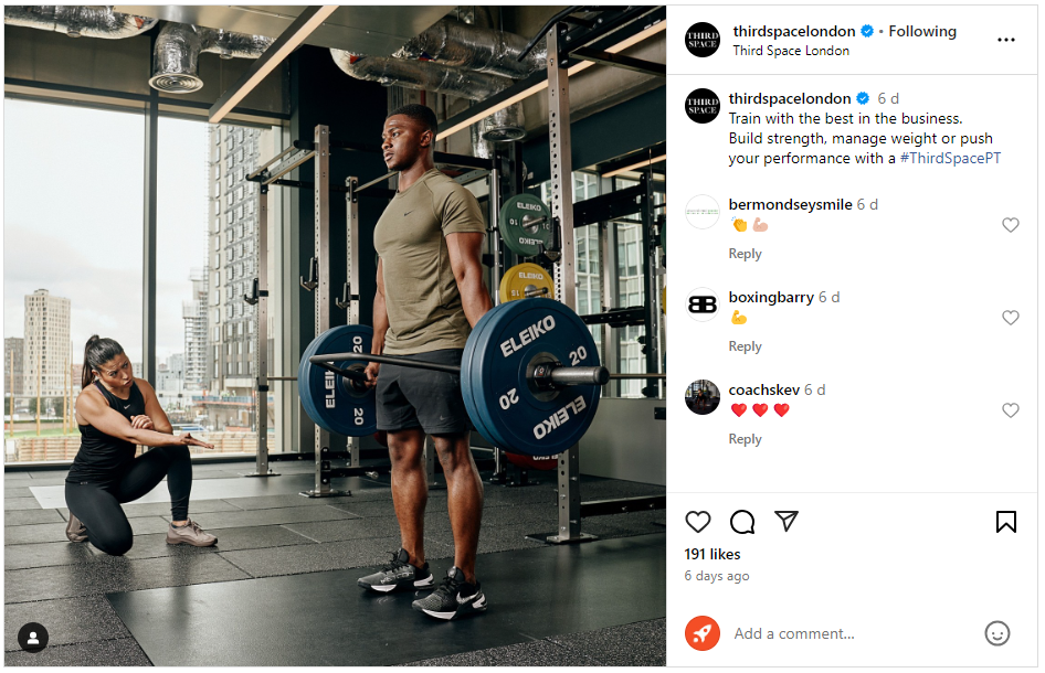 An image showing a PT promo gym social post from UK gym Third Space