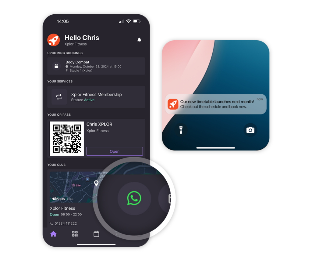 An image showing features of the Xplor Gym member mobile app that help clubs deliver better member experiences.